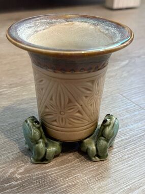 Vintage Three Frog Ceramic Bud Vase Mini Planter Cottagecore Earth Tones Decor